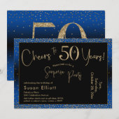 Invitation Bonjour à 50 ans Surprise Anniversaire Or & Bleu (Devant / Derrière)