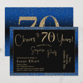 Invitation Bonjour à 70 ans Surprise Anniversaire Or & Bleu (Devant / Derrière)
