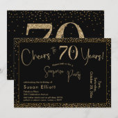 Invitation Bonjour à 70 ans Surprise Anniversaire Or & Noir (Devant / Derrière)
