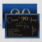 Invitation Bonjour à 90 ans Surprise Anniversaire Or & Bleu (Devant / Derrière)