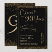 Invitation Bonjour à 90 ans Surprise Anniversaire Or & Noir (Devant / Derrière)