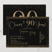 Invitation Bonjour à 90 ans Surprise Anniversaire Or & Noir (Devant / Derrière)