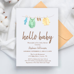 Invitation Bonjour Baby Boho Vêtements Ligne Baby shower Invi