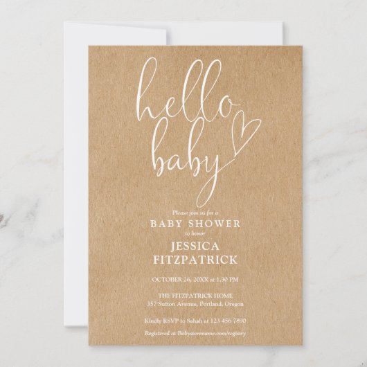 Invitation Bonjour Baby Script Boho Kraft Baby shower (Devant)