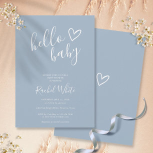Invitation Bonjour Baby Shower Cœur Poussiéreux Bleu Minimali