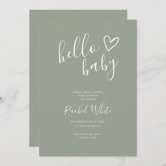 Invitation Bonjour Baby shower Neutre Sage Vert QR Code (Devant / Derrière)