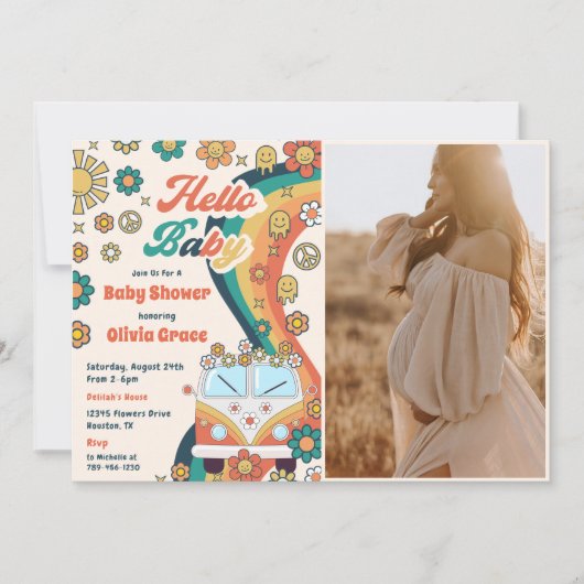 Invitation Bonjour Baby Super Retro Floral Baby shower Party (Devant)