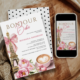 Invitation Bonjour Bébé Aquarelle Coquette Bow Baby shower