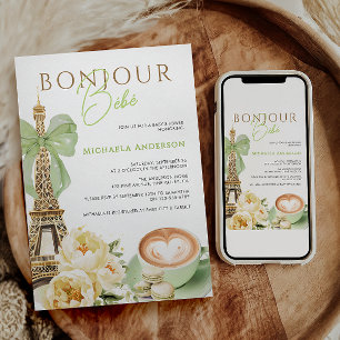 Invitation Bonjour Bébé Aquarelle Coquette Bow Baby shower I