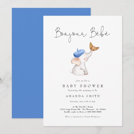 Invitation Bonjour Bebe Baby shower bleu éléphant français (Devant / Derrière)