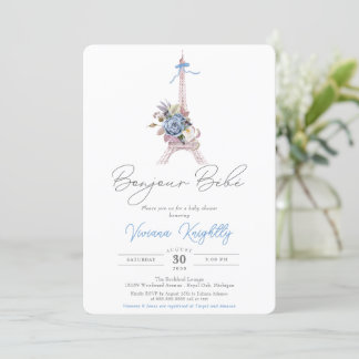 Invitation Bonjour Bebe, Baby shower bleu Floral Eiffel Paris