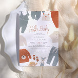 Invitation Bonjour bébé | Baby shower de garçon de vêtements<br><div class="desc">Une invitation au baby shower mignonne et moderne avec "Hello Baby" en écriture en terre cuite et les détails de votre douche en typographie simple. Décorés dans le même esprit, les vêtements pour bébés boho sont dans des tons neutres bleu pastel, crème et orange rouille. Les vêtements comprennent des survêtements,...</div>