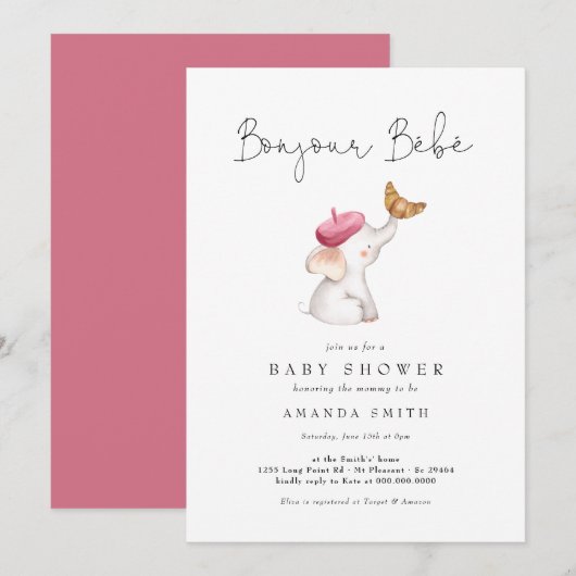 Invitation Bonjour Bebe Baby shower français rose éléphant (Devant / Derrière)