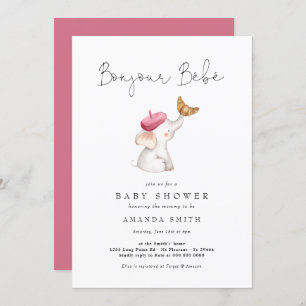 Invitation Bonjour Bebe Baby shower français rose éléphant