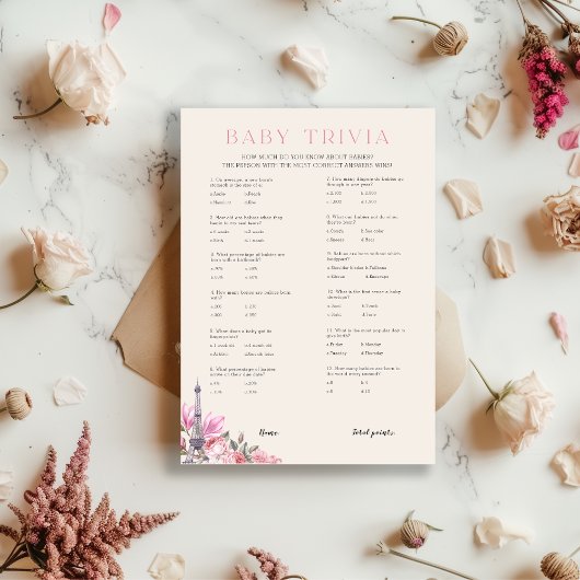 Invitation Bonjour Bebe | Baby Trivia Baby shower Game Card
