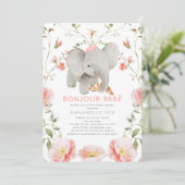Invitation Bonjour Bébé Beret rose Baby shower éléphant (Debout devant)