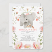 Invitation Bonjour Bébé Beret rose Baby shower éléphant (Devant)