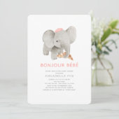 Invitation Bonjour Bébé Beret rose Baby shower éléphant (Debout devant)