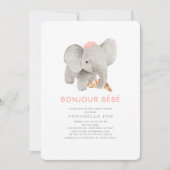 Invitation Bonjour Bébé Beret rose Baby shower éléphant (Devant)