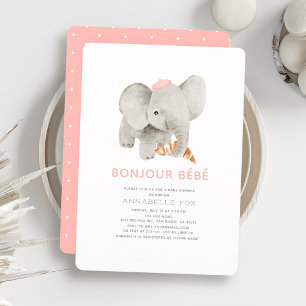 Invitation Bonjour Bébé Beret rose Baby shower éléphant