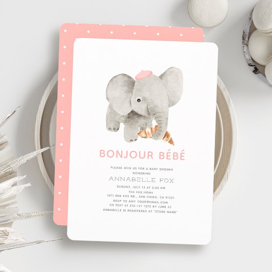 Invitation Bonjour Bébé Beret rose Baby shower éléphant