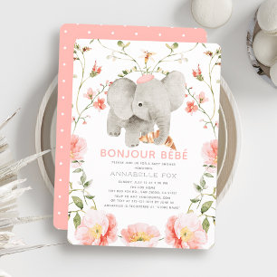 Invitation Bonjour Bébé Beret rose Baby shower éléphant