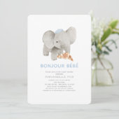 Invitation Bonjour Bébé Bleu Beret Baby shower éléphant (Debout devant)