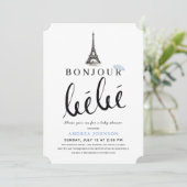 Invitation Bonjour Bebe Blue Beret Baby shower Tour Eiffel (Debout devant)