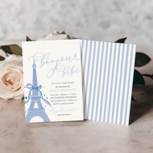 Invitation Bonjour Bébé Blue Paris Tour Eiffel Baby shower