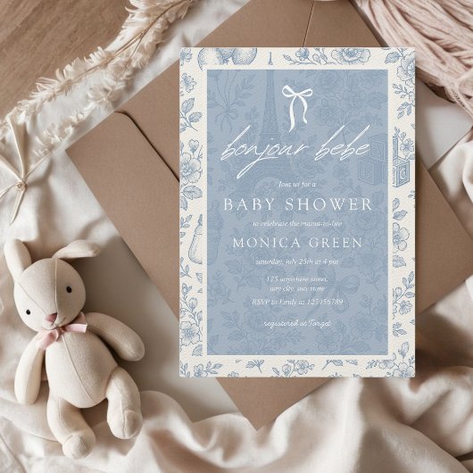 Invitation Bonjour Bebe Blue Toile French Boy Baby shower