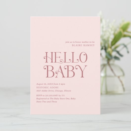 Invitation Bonjour Bébé Blush Pink Baby shower moderne (Debout devant)