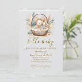 Invitation Bonjour Bébé Bohème Panier Ours Neutre (Debout devant)