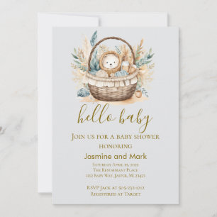 Invitation Bonjour Bébé Bohème Panier Ours Neutre