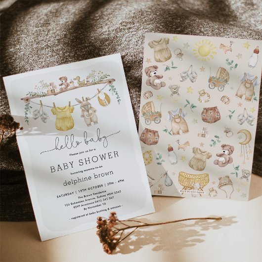 Invitation Bonjour bébé | Boho moderne Vêtements bébé douche
