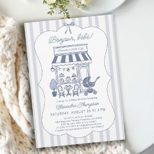 Invitation Bonjour Bebe Café Brunch Dusty Blue Baby Shower