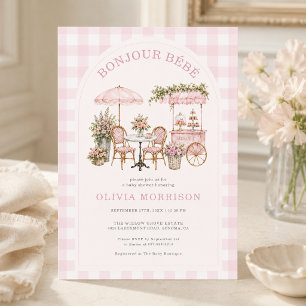 Invitation Bonjour Bébé Café Rose à Carreaux Fille Baby Showe