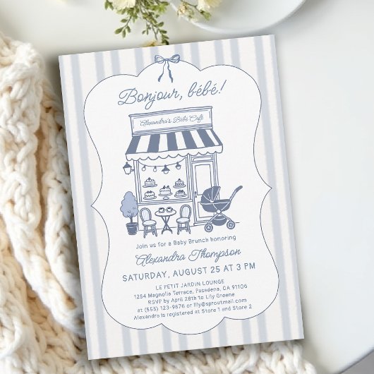 Invitation Bonjour Bebe Coffee Brunch Dusty Blue Baby Shower