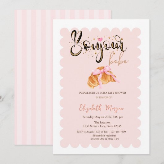 Invitation Bonjour Bébé Croissant Bow Striped Baby Shower (Devant / Derrière)