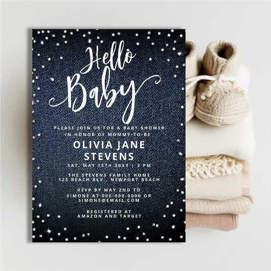 Invitation Bonjour bébé Denim Diamonds Baby shower neutre