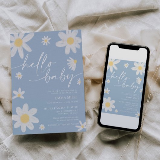 Invitation Bonjour bébé Dusty Baby shower bleu marguerite