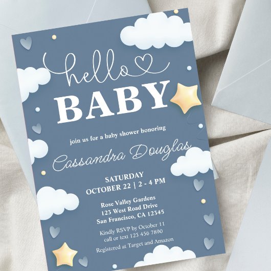 Invitation Bonjour Bébé Dusty Bleu Nuages Moderne Baby shower