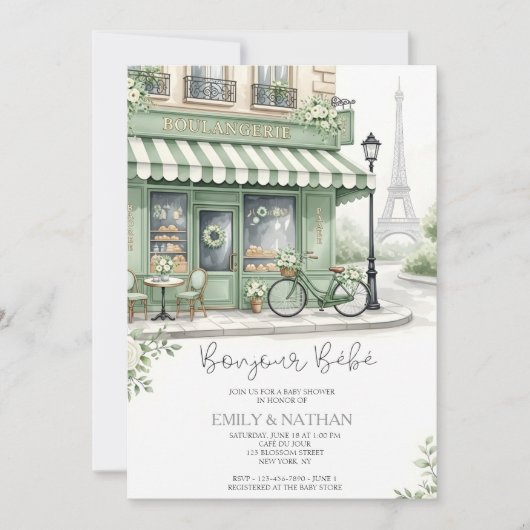 Invitation Bonjour Bebe eiffel tower French chic baby Shower (Devant)