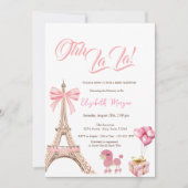 Invitation Bonjour Bébé Eiffel Tower Pink Bow Present Poodle (Devant)