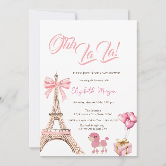 Invitation Bonjour Bébé Eiffel Tower Pink Bow Present Poodle (Devant)