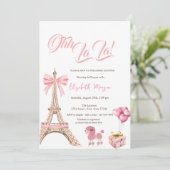Invitation Bonjour Bébé Eiffel Tower Pink Bow Present Poodle (Debout devant)