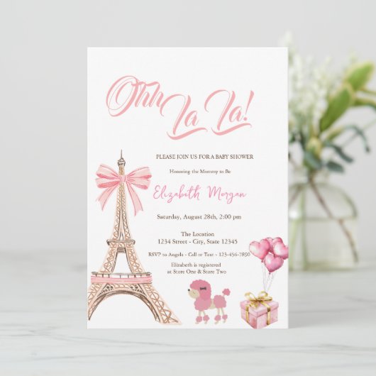 Invitation Bonjour Bébé Eiffel Tower Pink Bow Present Poodle (Debout devant)