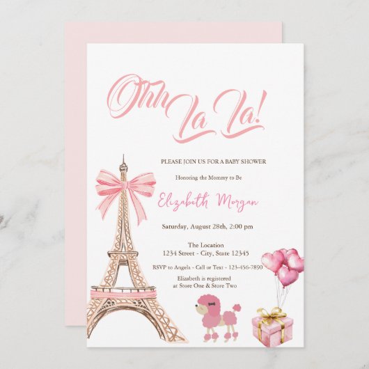 Invitation Bonjour Bébé Eiffel Tower Pink Bow Present Poodle (Devant / Derrière)