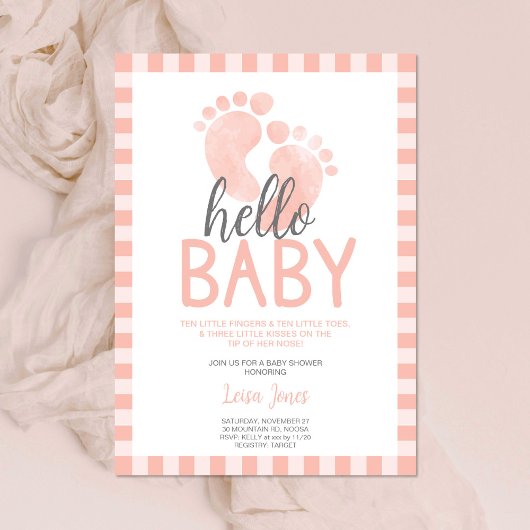 Invitation Bonjour Bébé Fille rose Pieds Baby shower