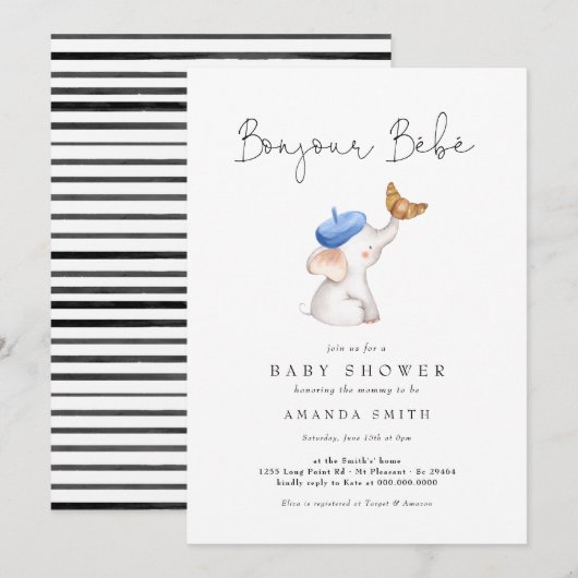 Invitation Bonjour Bebe Français Elephant Baby Boy Douche (Devant / Derrière)