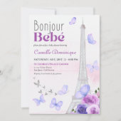 Invitation Bonjour Bebé French Eiffel Lavender Papillons (Devant)